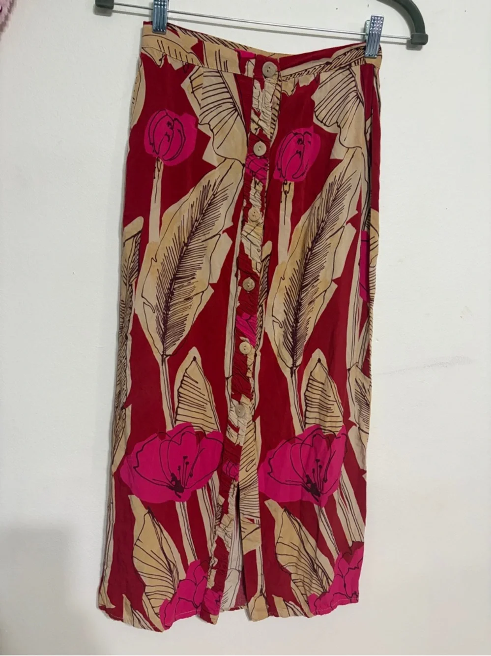Zara Red and Pink Tropical Midi Skirt